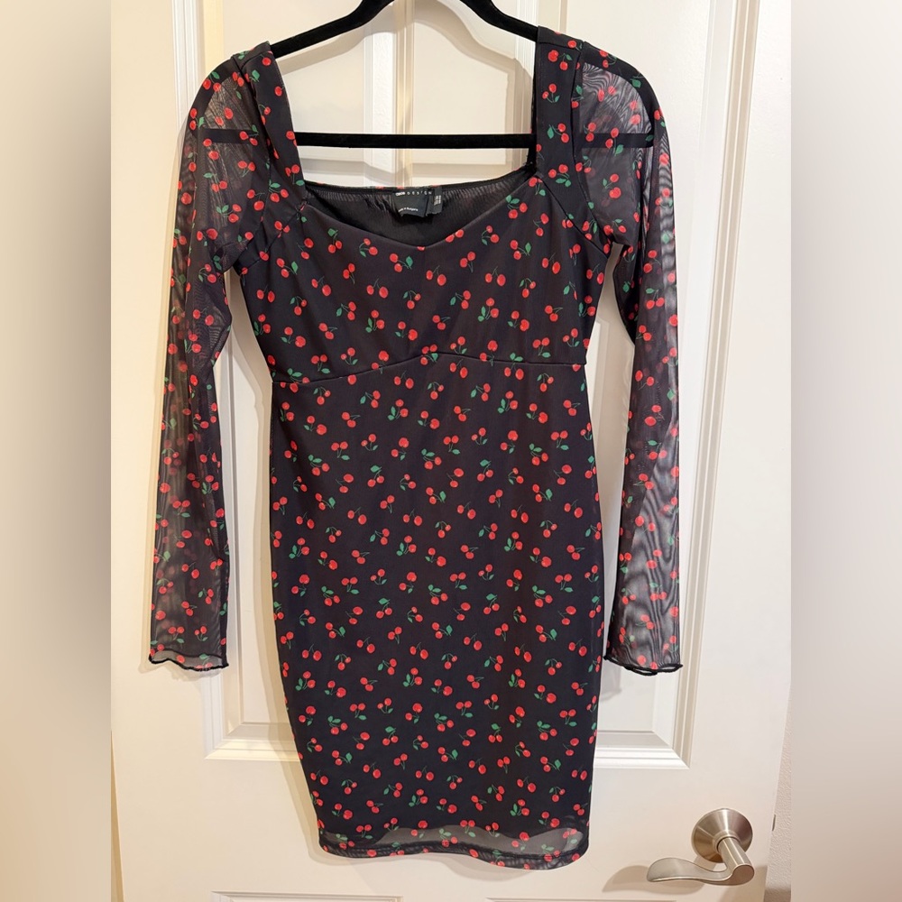 ASOS design cherry print mini dress. Black and red, whimsigoth, novelty, date